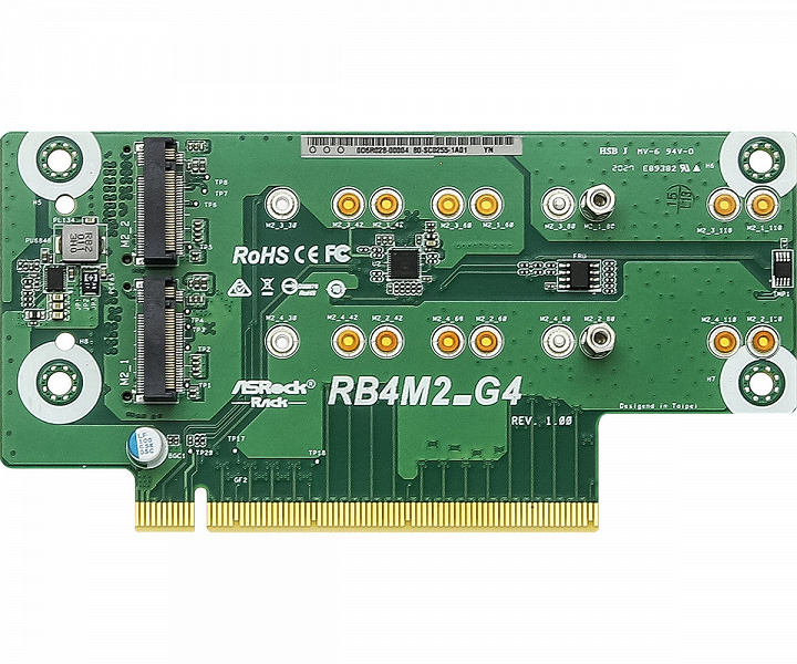 Карта расширения ASRock Rack RB4M2_G4 позволяет подключить в слот PCIe 4.0 до четырех SSD типоразмера M.2