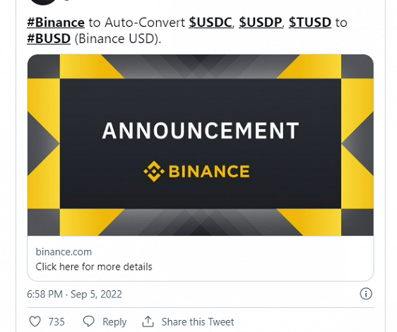 Криптобиржа Binance принудительно конвертирует три стейблкоина на своей торговой площадке в собственный BUSD