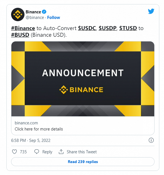 Криптобиржа Binance принудительно конвертирует три стейблкоина на своей торговой площадке в собственный BUSD
